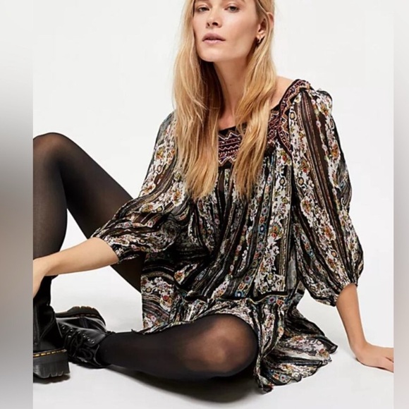 Free People Tops - Free People “Dance Magic” Tunic Boho Embrodered Whimsigothic Floral Top Size M